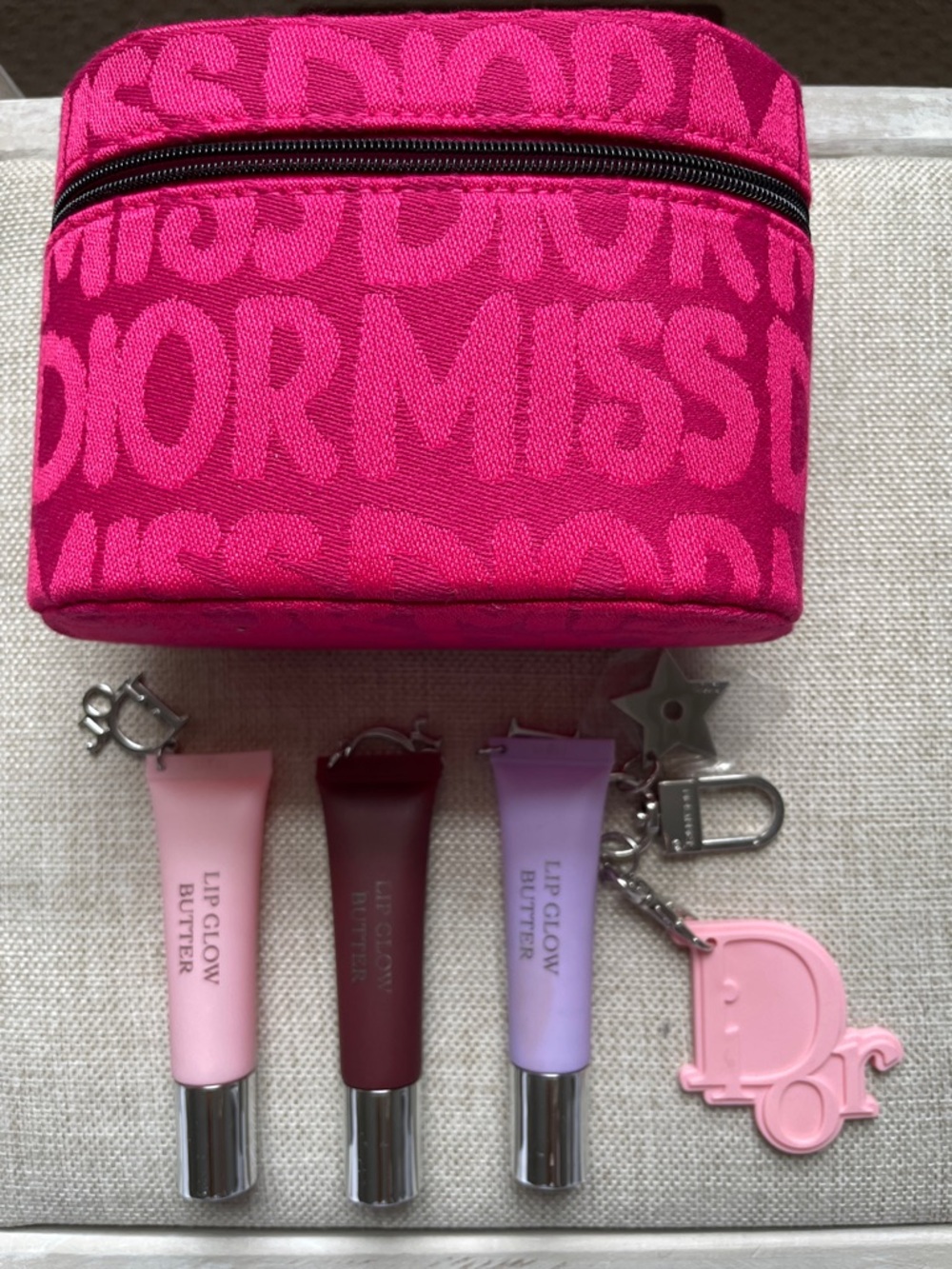 Dior Hot Pink Jacquard Cosmetic Pouch with Lip Glow Trio and Logo Charm